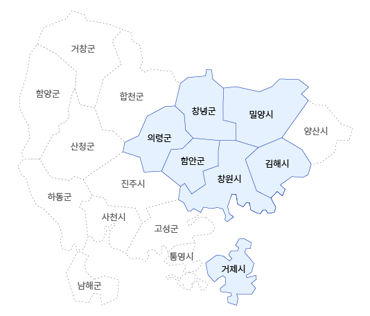 경남동부보훈지청 관할구역 지도이미지로 의령군, 창녕군, 밀양시, 함안군, 창원시, 김해시, 거제시가 관할구역입니다.