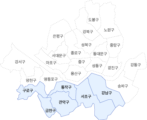 서울남부보훈청 관할구역 지도이미지로 구로구, 금천구, 관악구, 동작구, 서초구, 강남구가 관할구역입니다.