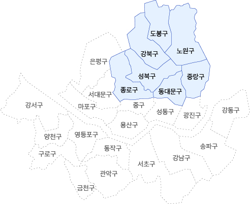 서울북부보훈지청 관할구역 지도이미지로 도봉구, 강북구, 노원구, 성북구, 중랑구, 종로구, 동대문구가 관할구역입니다.