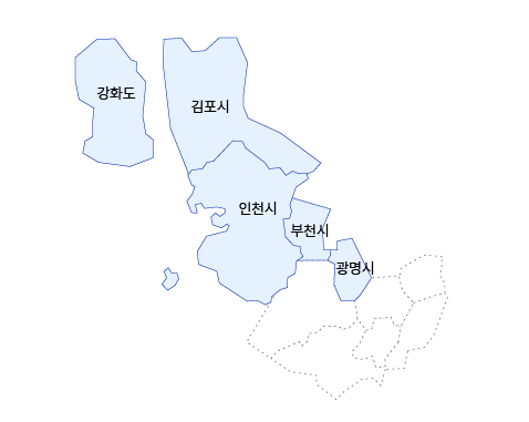 인천보훈지청 관할구역 지도이미지로 강화도, 김포시, 인천시, 부천시, 광명시가 관할구역입니다.
