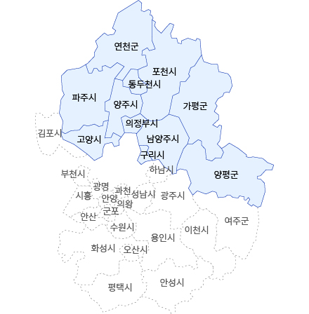 경기북부보훈지청 관할구역 지도이미지로 연천군, 파주시, 동두천시, 포천시, 양주시, 가평군, 고양시, 의정부시, 남양주시, 구리시, 양평군이 관할구역입니다.
