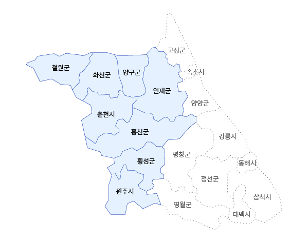 강원서부보훈지청 관할구역 지도이미지로 철원군, 화천군, 양구군, 인제군, 춘천시, 홍천군, 횡성군, 원주시가 관할구역입니다.