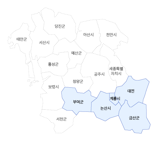 대전지방보훈지청 관할구역 지도이미지로 부여군, 논산시, 계룡시, 대전, 금산군이 관할구역입니다.