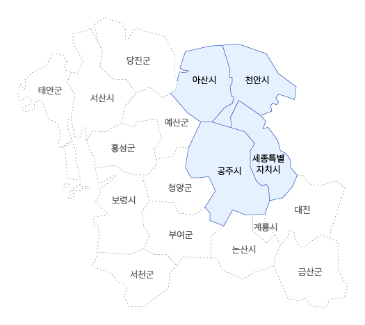 충남동부보훈지청 관할구역 지도이미지로 아산시, 천안시, 공주시, 세종특별자치시가 관할구역입니다.