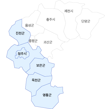충북남부보훈지청 관할구역 지도이미지로 진천군, 청주시, 보은군, 옥천군, 영동군이 관할구역입니다.