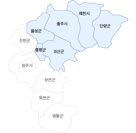 충북북부보훈지청 관할구역 지도이미지로 음성군, 증평군, 괴산군, 충주시, 제천시, 단양군이 관할구역입니다.