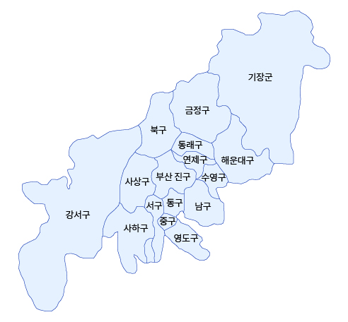 부산지방보훈청 관할구역 지도이미지로 기장군, 금정구, 북구, 해운대구, 동래구, 연제구, 수영구, 부산진구, 동구, 남구, 서구, 사상구, 중구, 사하구, 영도구, 강서구가 관할구역입니다.