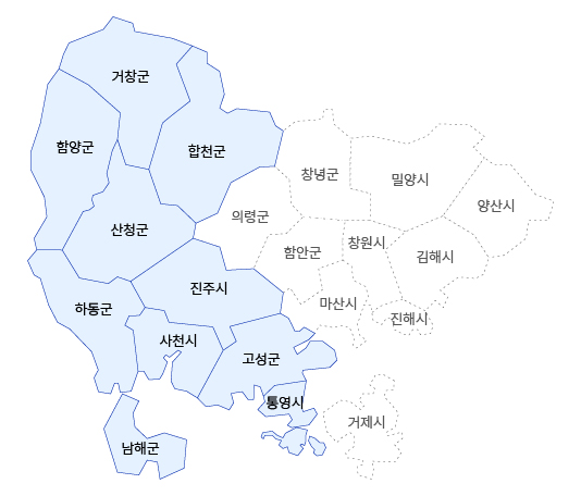 경남서부보훈지청 관할구역 지도이미지로 거창군, 함양군, 합천군, 산청군, 하동군, 진주시, 사천시 ,남해군, 고성군, 통영시가 관할구역입니다.