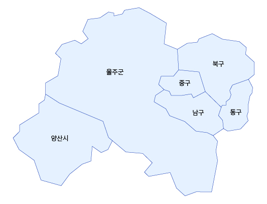 울산보훈지청 관할구역 지도이미지로 울주군, 양산시, 북구, 중구, 남구, 동구가 관할구역입니다.