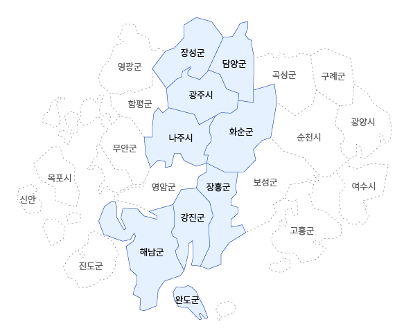 광주지방보훈청 관할구역 지도이미지로 장성군, 담양군, 광주시, 나주시, 화순군, 장흥군, 강진군, 해남군, 완도군이 관할구역입니다.