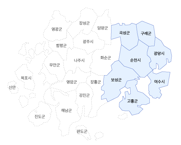 전남동부보훈지청 관할구역 지도이미지로 곡성군, 구례군, 순천시, 광양시, 보성군, 여수시, 고흥군이 관할구역입니다.