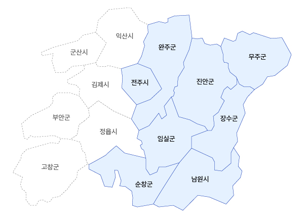 전북동부보훈지청 관할구역 지도이미지로 완주군, 전주시, 진안군, 무주군, 임실군, 장수군, 순창군, 남원시가 관할구역입니다.