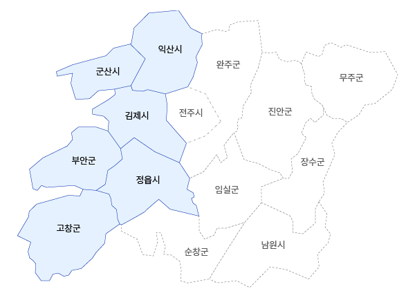 전북서부보훈지청 관할구역 지도이미지로 군산시, 익산시, 김제시, 부안군, 정읍시, 고창군이 관할구역입니다.